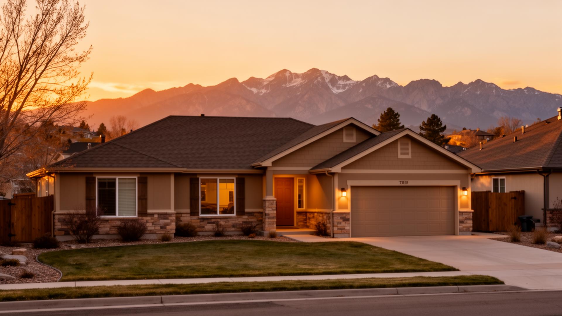 A Colorado home at golden hour with the Front Range in the distance